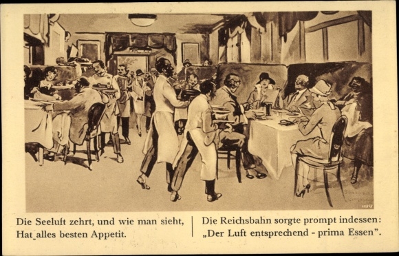 Künstler Ak Die Seeluft zehrt, Restaurant der Reichsbahn, Gäste, Kellner