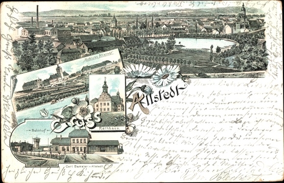litho Allstedt in Saksen-Anhalt, panorama, kasteel, stadhuis, treinstation