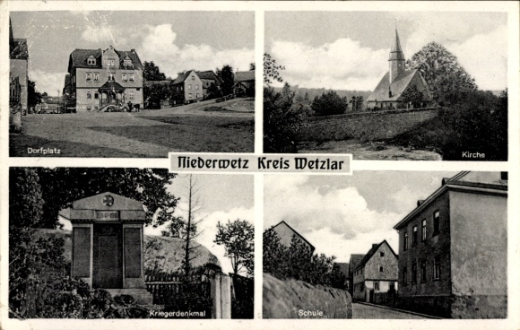Postcard Niederwetz Schöffengrund in Hesse, village area, church, war memorial, school
