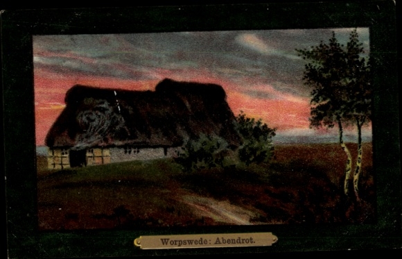 Postcard Worpswede in Lower Saxony, sunset, thatched house, evening sky with clouds