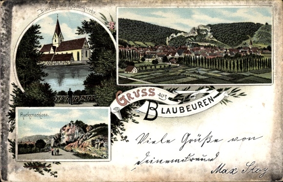 Litho Blaubeuren Baden Württemberg, Blautopf mit Klosterkirche, Ruckenschloss