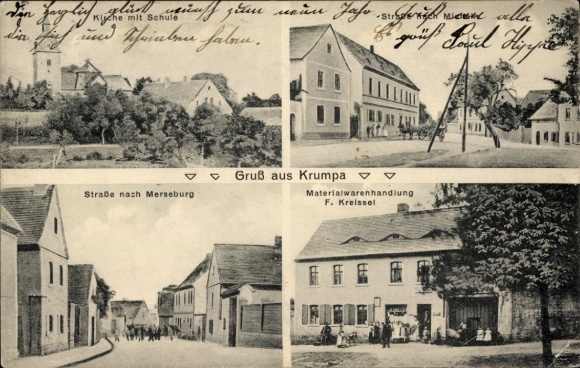 Ak Krumpa in Geiseltal Braunsbedra in Saalekreis, vierdelige kerk met school, weg naar mij