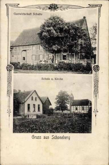 Ak Schoneberg Lippetal in Westfalen, Gastwirtschaft Schulte, Schule, Kirche