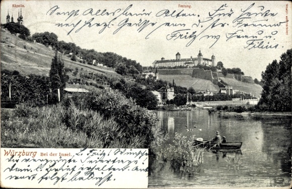 Postcard Würzburg am Main Lower Franconia, view of the fortress, river with boat, hill, old architecture