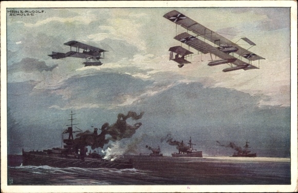 Artist PC Schulze, Hans Rudolf, seaplanes over the English fleet, I. WW