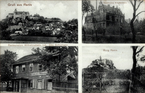 Ak Ranis in Thüringen, Städtisches Krankenhaus, Gruß aus  Restauration Wilhelmshain, Burg Ranis