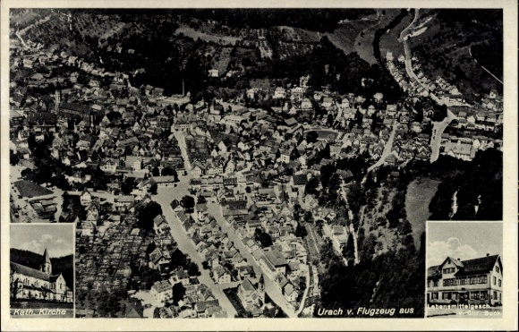 Postcard Bad Urach in the Swabian Alb Württemberg, aerial view of Catholic Church, grocery store