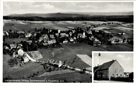 Postcard Langenbrand Schömberg in the Black Forest Württemberg, aerial photograph, Gasthaus Zum Löwen