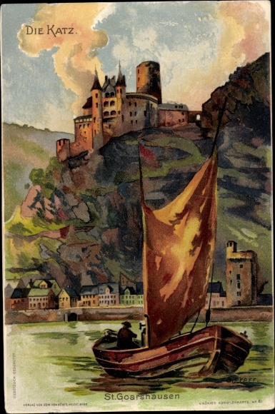 Kunstenaar litho Sankt Goarshausen am Rhein, kasteel Katz