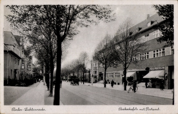 Postcard Berlin Lichtenrade, Anhalter Bahnhof, Bahnhofstraße with post office