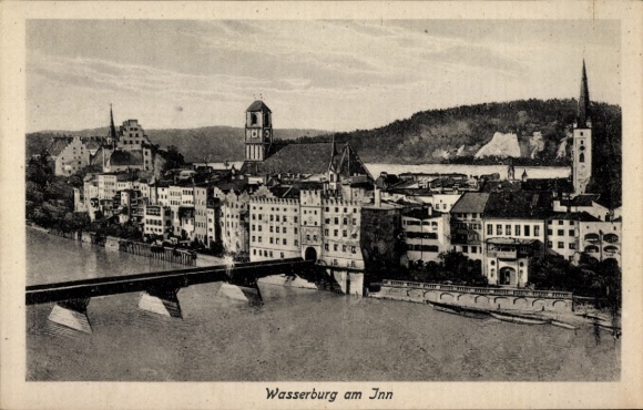 Postcard Wasserburg am Inn Upper Bavaria, city view Wasserburg, bridge, building, river landscape, arch