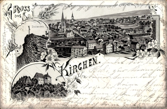 Chromo-Litho Churches on the Sieg, Panorama, Freusburg Castle, Druid Stone