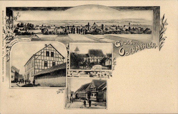 Postcard Obermehler in Thuringia, general view, half-timbered house, street section, village street, inn