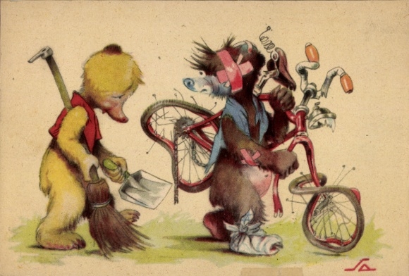 Artist Postcard Salac, AL, Bear after a bicycle accident, Bear with broom