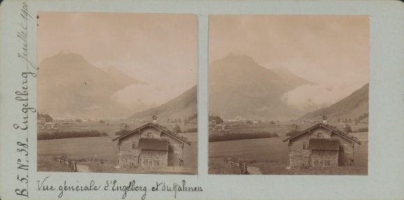 Stereo photo Engelberg Kt. Obwalden Switzerland, town view, Hahnen, 1900