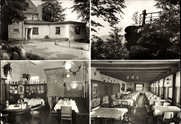 Postcard Brotterode in Thuringia, forest restaurant Fuchsbau, Mommelstein, hunting room, veranda