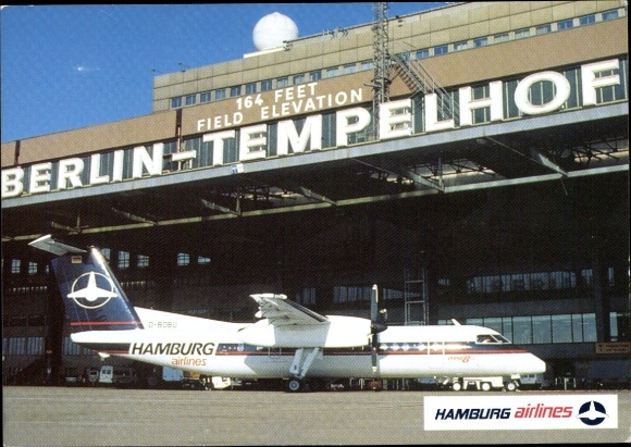 Postcard Berlin Tempelhof, Hamburg Airlines, German passenger aircraft, Boeing DHC 8 300, Airport