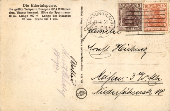 Maps Postcard Fritzlar in Schwalm Eder district, hiking map, Eder dam