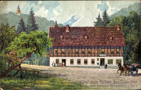 Kunstenaar Ak Falkenstein in de Harz, Hotel zum Falken van G. Günther, Kasteel