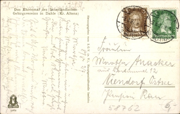 Postcard Dahle Altena in the Sauerland, memorial of the Sauerland Mountain Association