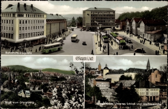 Ak Siegen Westfalen, Bahnhofsvorplatz, Busse a. d. Haltestelle, Siegbrücke, Schloss, Martinikirche