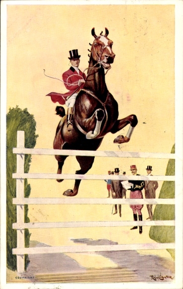 Künstler Ak Springreiter mit Pferd, Hürde