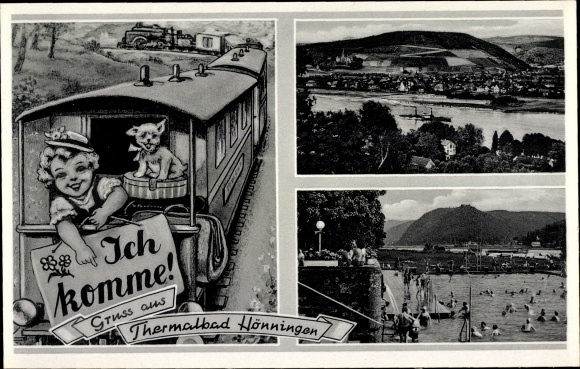 Postcard Bad Hönningen Rhine, panorama of the place, outdoor pool, railway