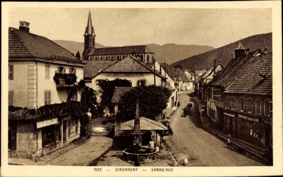 Postcard Giromagny Schermenei Territoire de Belfort, historical street scene, church, water point, Be