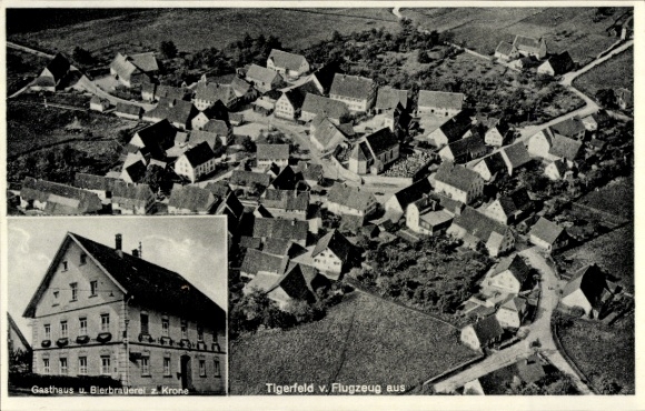 Postcard Tigerfeld Pfronstetten in Baden Württemberg, aerial photograph, inn and brewery zur Krone
