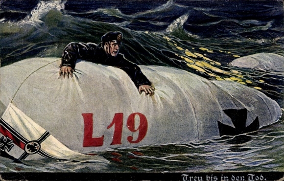 Picture airship L19 in the water, Zeppelin, Imperial flag, man in uniform