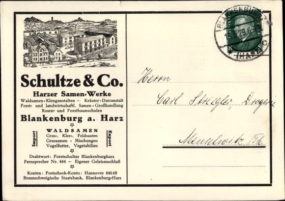 Postcard Blankenburg am Harz, Schultze & Co., Harzer Samen Werke, forest seeds, tree nursery