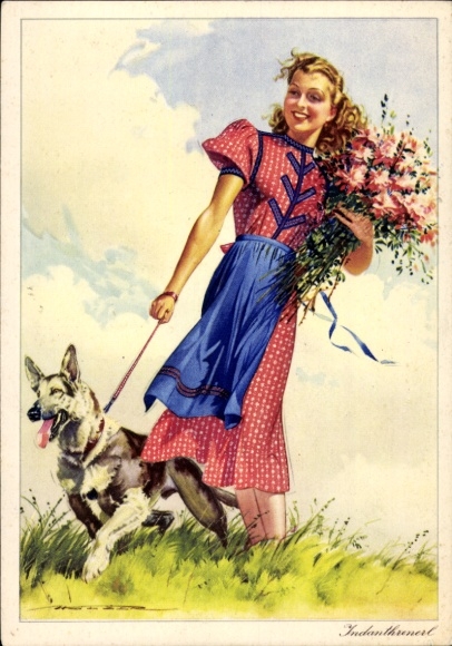 Artist Postcard Indanthrenerl, Colorful like nature, Advertising Indanthren, Traditional dress, German shepherd