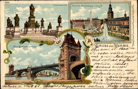 Chromo-Litho Worms, Luther Monument, New Road Bridge, Grand Duke Ludwig IV Monument