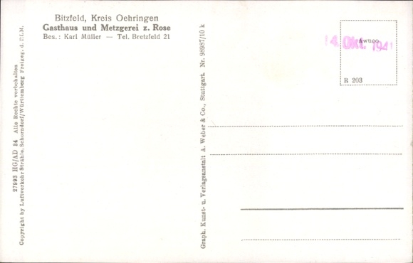 Postcard Oehringen Öhringen in the Hohenlohekreis Württemberg, Gasthaus zur Rose, aerial photograph