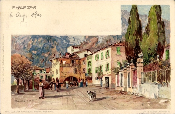 Künstler Litho Wielandt, M., Porlezza Lombardia, Straßenpartie, Hund, Passanten