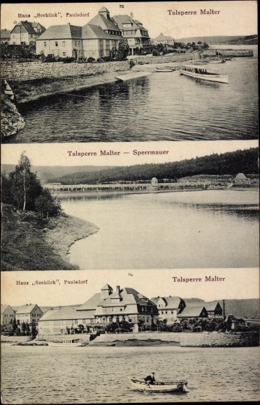 Postcard Malter Dippoldiswalde in the Eastern Ore Mountains, dam, barrier wall, house Seeblick, Paulsdorf