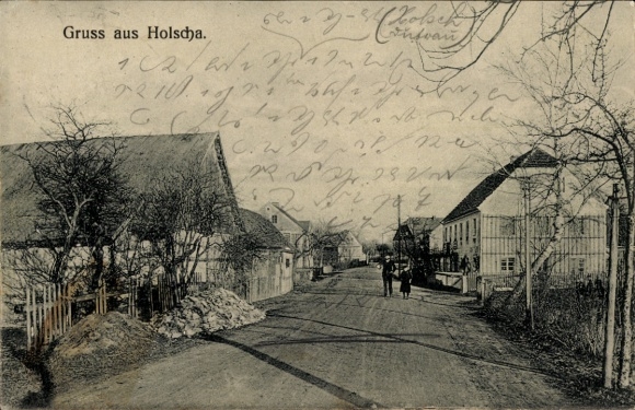 Ak Holscha Neschwitz in Sachsen, Zwei Seitenansichten einer Straße mit Häusern, Bäume, Fußgänger