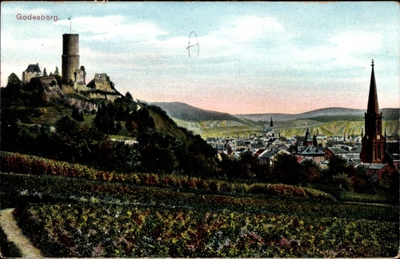 Postcard Bad Godesberg Bonn am Rhein, panorama, church, tower