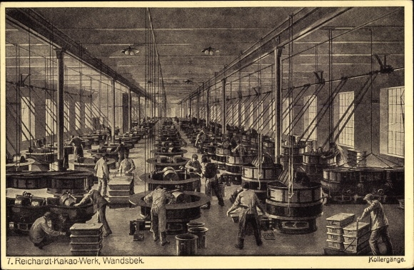 PC Hamburg Wandsbek, Reichardt cocoa factory, interior view, pan mills, workers, machines