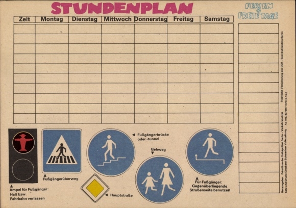 Timetable GDR Presidium of the People&#39;s Police Berlin, traffic education, street signs around 1970