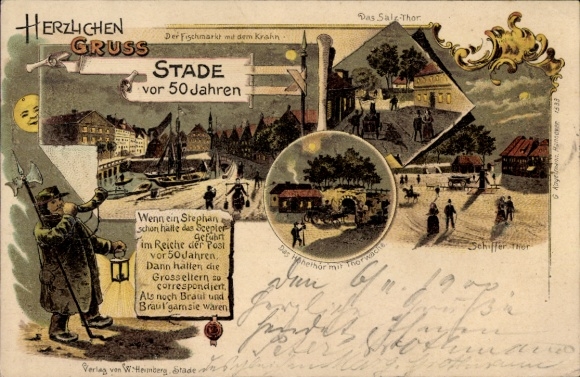 Chromo-Litho Stade in Lower Saxony, fish market with the crane, Salztor, Schiffertor, Hohetor, night watchman