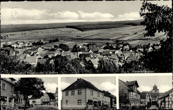 Postcard Ronshausen in Hesse, mixed goods Tann, street section, church, panorama