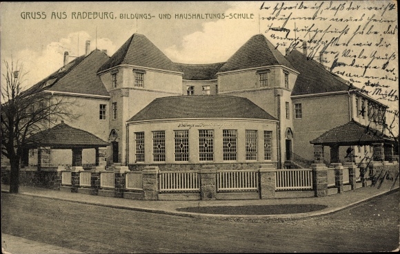 Postcard Radeburg in Saxony, education and home economics school