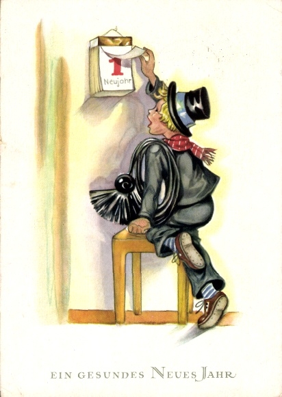 Postcard Happy New Year, Chimney Sweep, Calendar