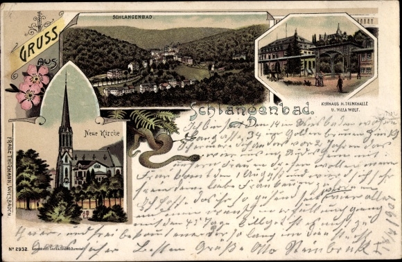 Chromo-Litho Schlangenbad im Taunus Hessen, Kurhaus, Villa Wolf, church, view of the town