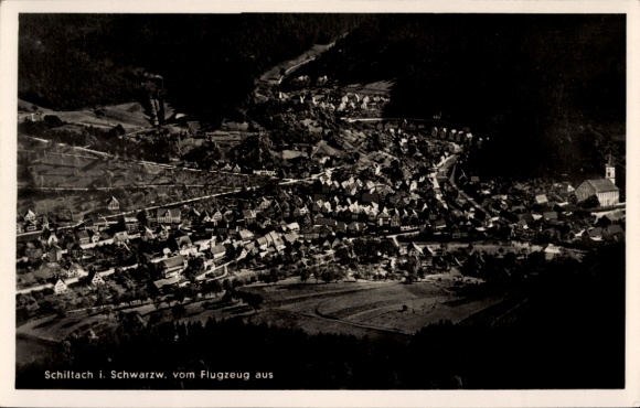 Postcard Schiltach in the Black Forest, aerial view from the airplane, village with church