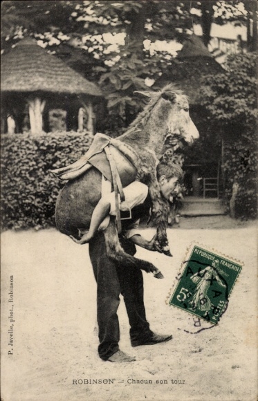 Postcard Robinson Hauts de Seine, man carrying donkey on his back