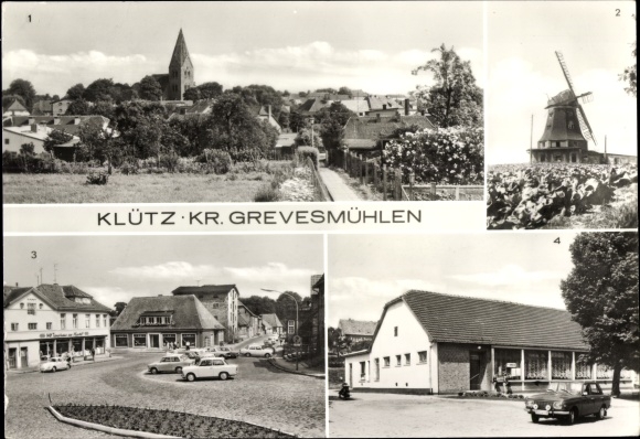 Postcard Klütz in Mecklenburg, town view, windmill, market square, HO Gaststätte Klützer Eck