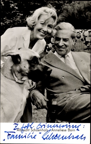 Postcard actor Albrecht Schoenhals, actress Anneliese Born, Great Dane, portrait, autograph