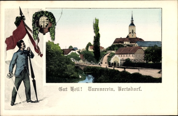 Ansichtkaart Bertsdorf in Oberlausitz, gymnastiekclub, kerk